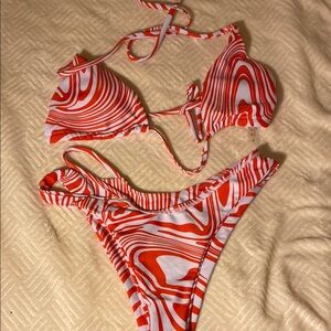 Red and White Swirl Bikini Set